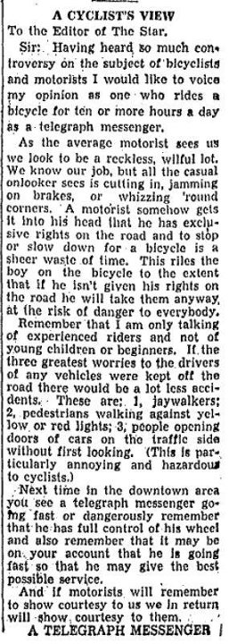 toronto star, 9/06/1938. carta de bike messenger reclamando do descaso dos motoristas de carros.